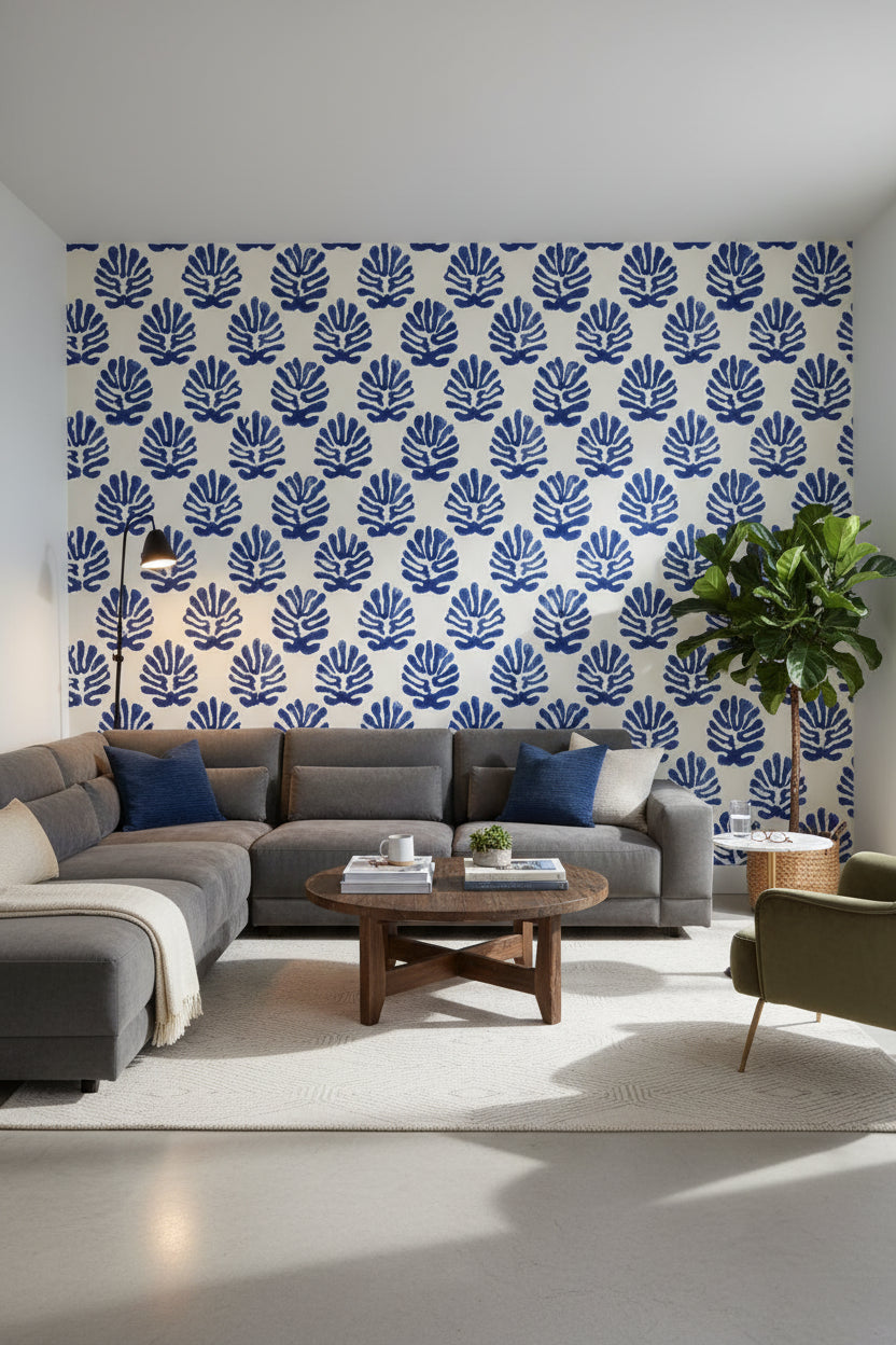 White and Blue Leaf Motif Botanical Wallpaper