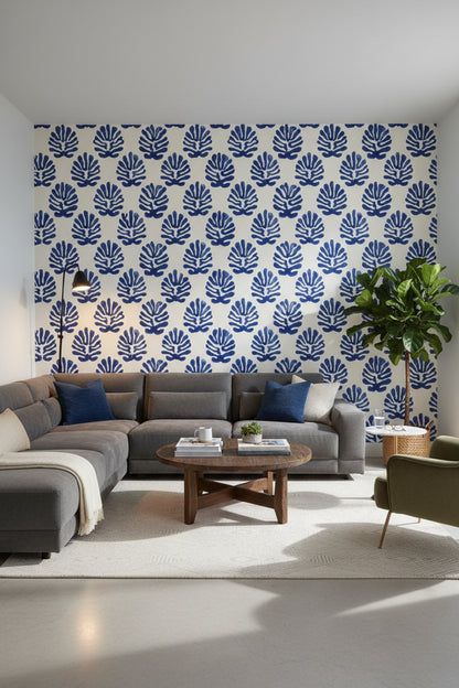 White and Blue Leaf Motif Botanical Wallpaper