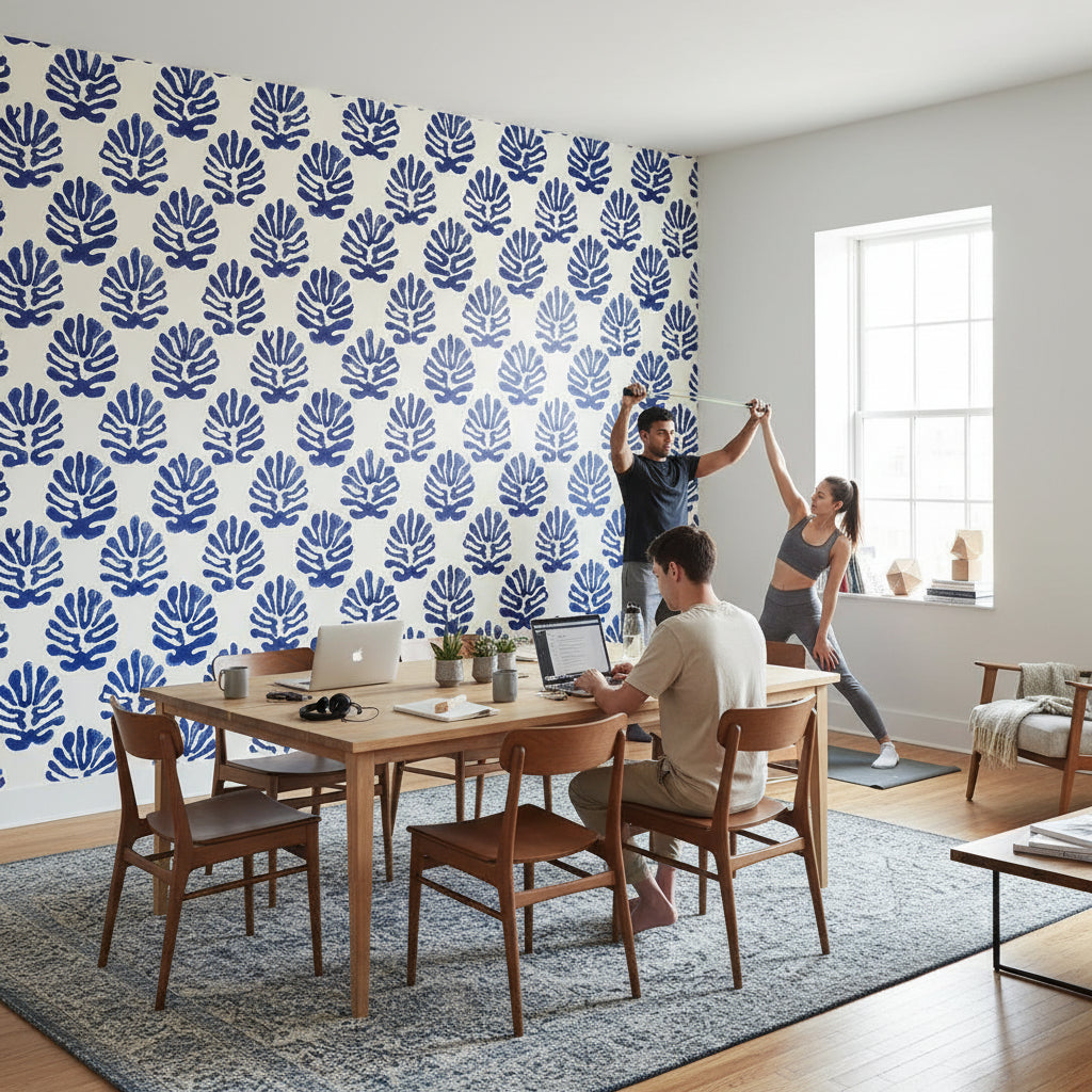 White and Blue Leaf Motif Botanical Wallpaper