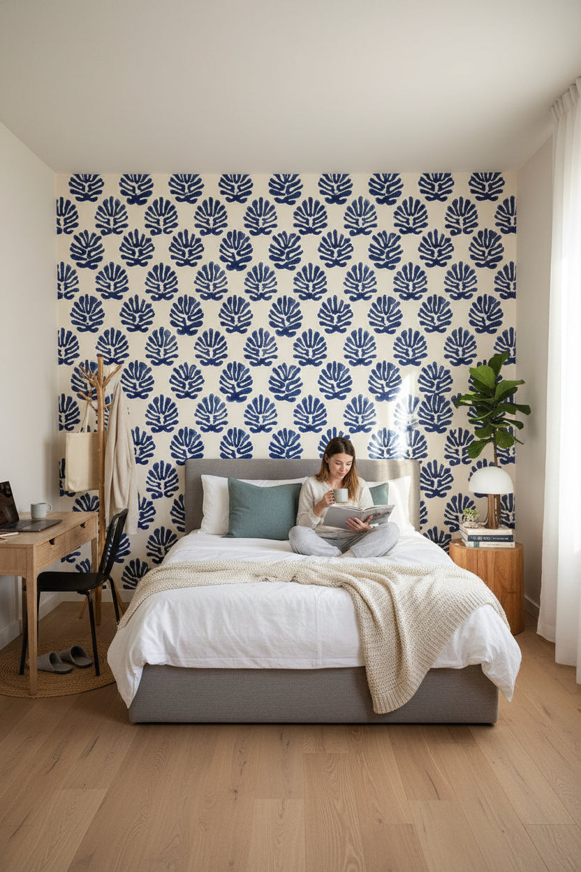 White and Blue Leaf Motif Botanical Wallpaper