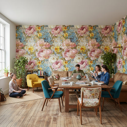 Multicolor Blooming Peonies Large Floral Wallpaper