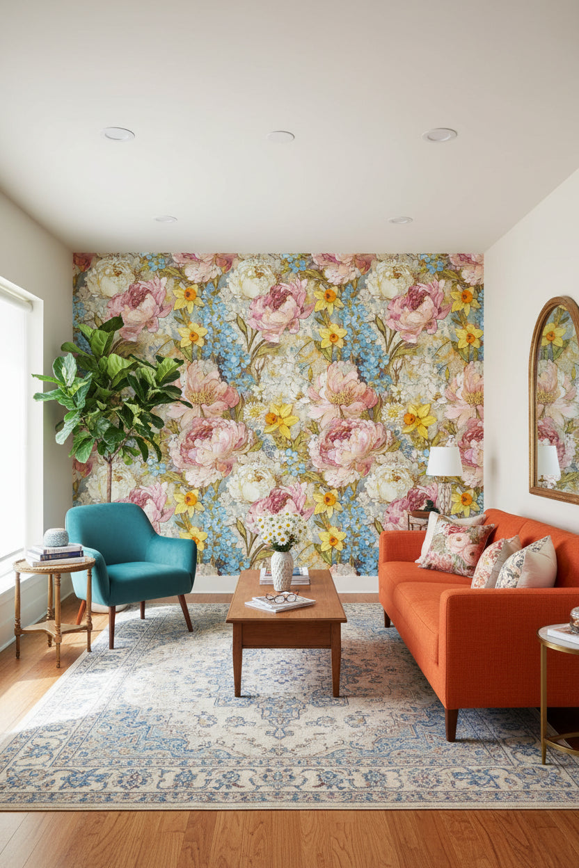 Multicolor Blooming Peonies Large Floral Wallpaper