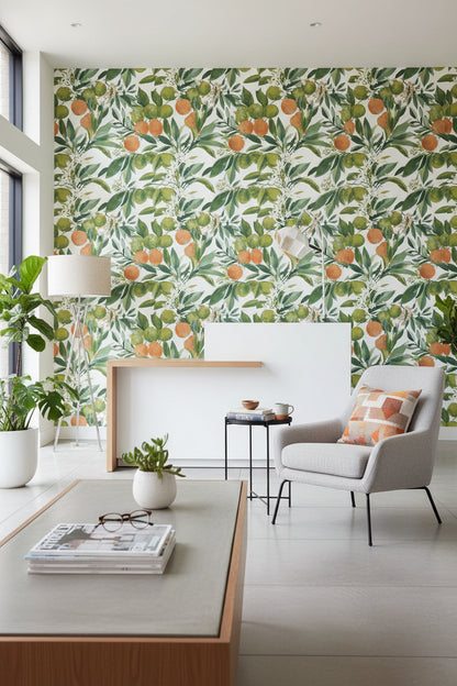 Cream and Green Citrus Botanical Wallpaper