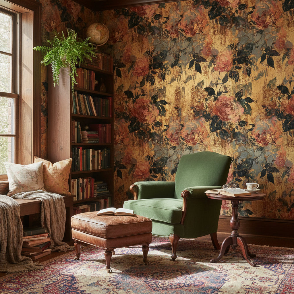 Vintage Dark Roses Textured Floral Wallpaper