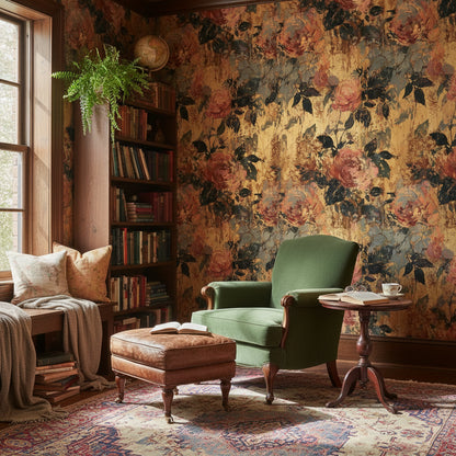 Vintage Dark Roses Textured Floral Wallpaper