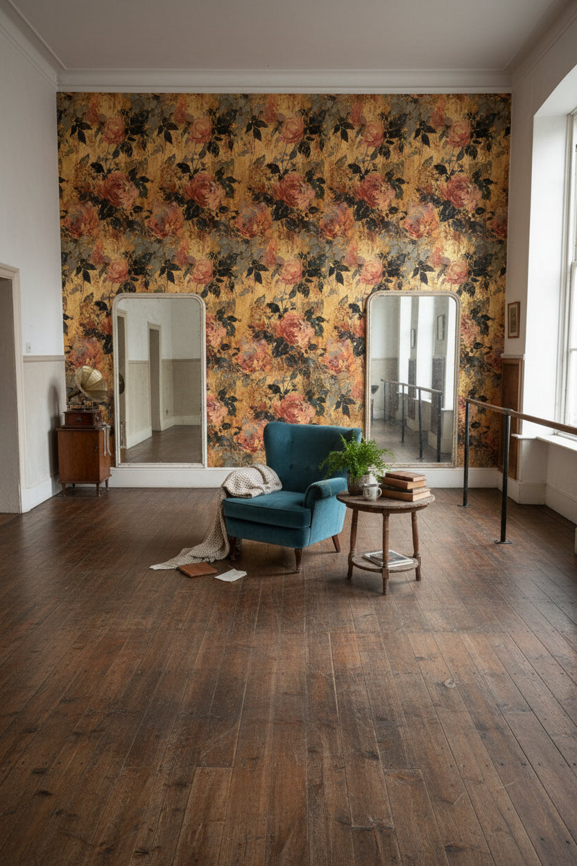 Vintage Dark Roses Textured Floral Wallpaper