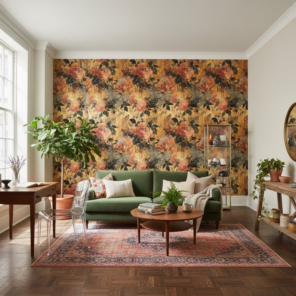 Floral Wallpaper Vintage Gold Wall Mural