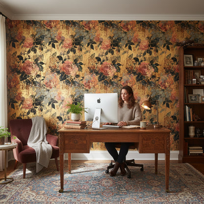 Vintage Dark Roses Textured Floral Wallpaper