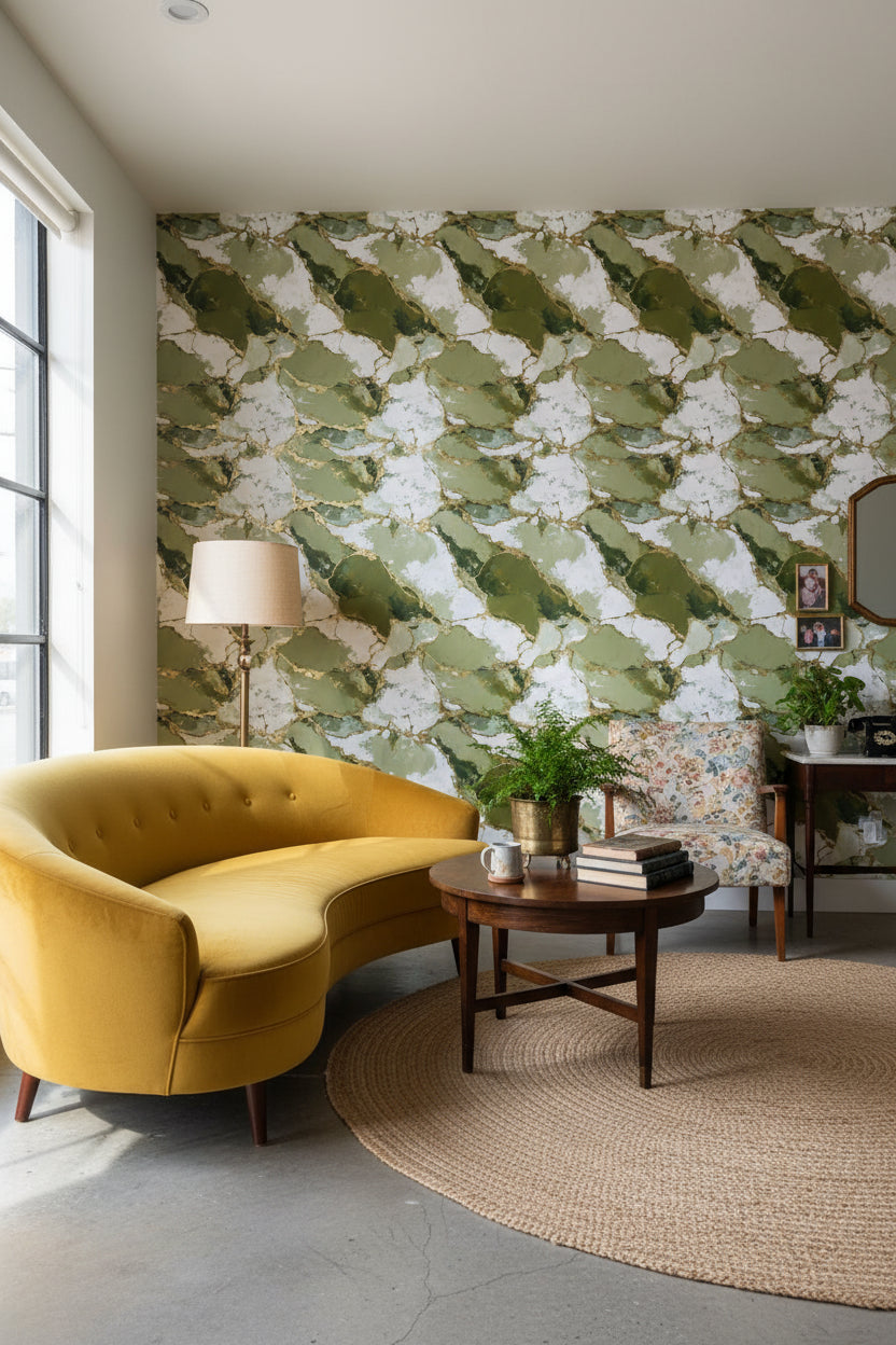 Green and White Abstract Marble Wallpaper