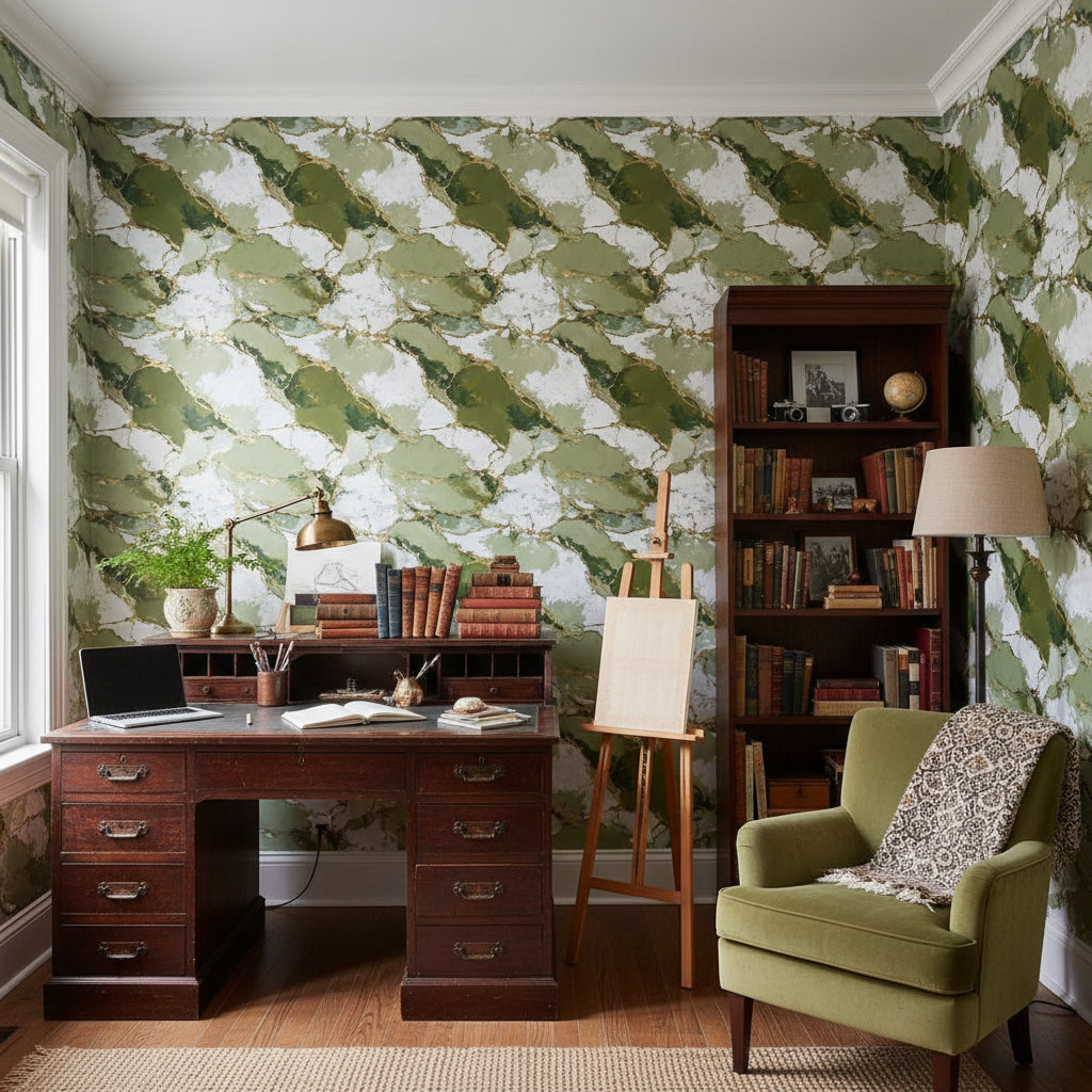 Green and White Abstract Marble Wallpaper