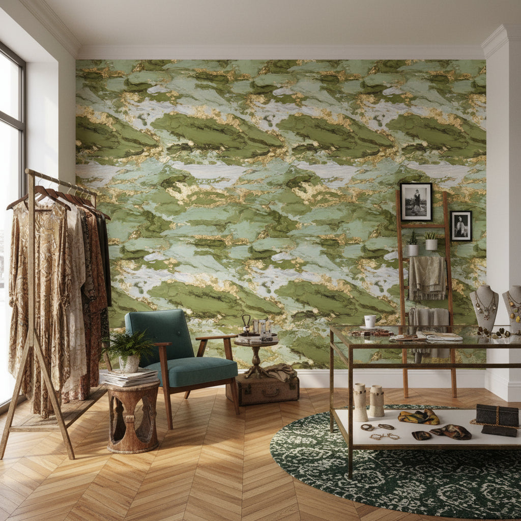 Green and Gold Look Abstract Marble Wallpaper