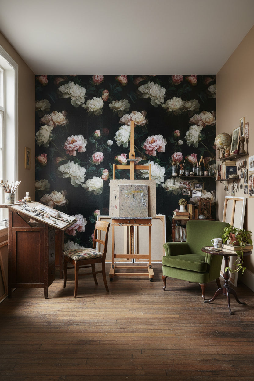 Elegant Black and Pink Large Floral Wallpaper