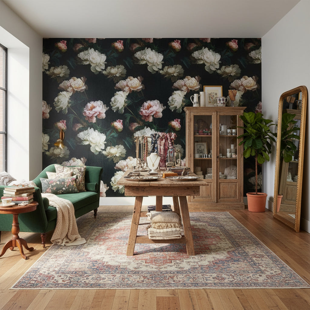 Elegant Black and Pink Large Floral Wallpaper