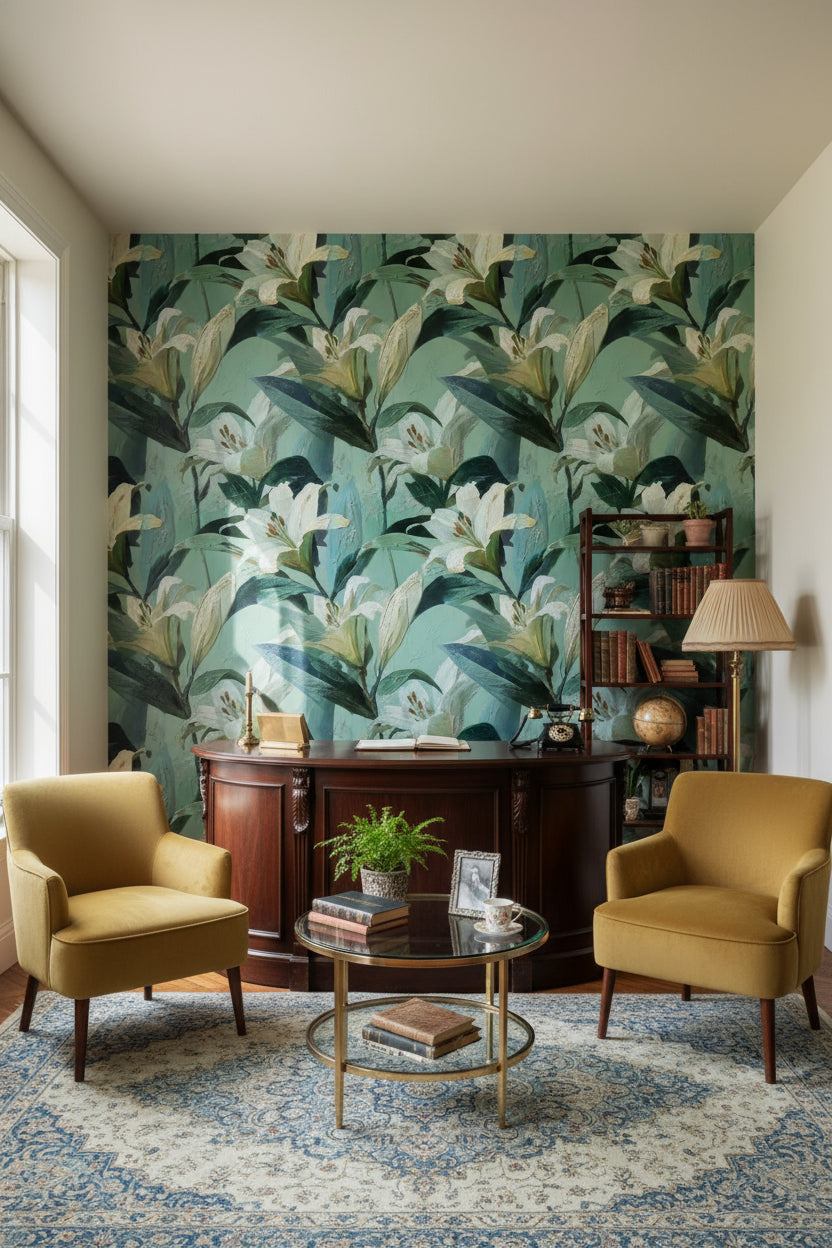 Muted Green Wallpaper Floral Natural Wall Decor