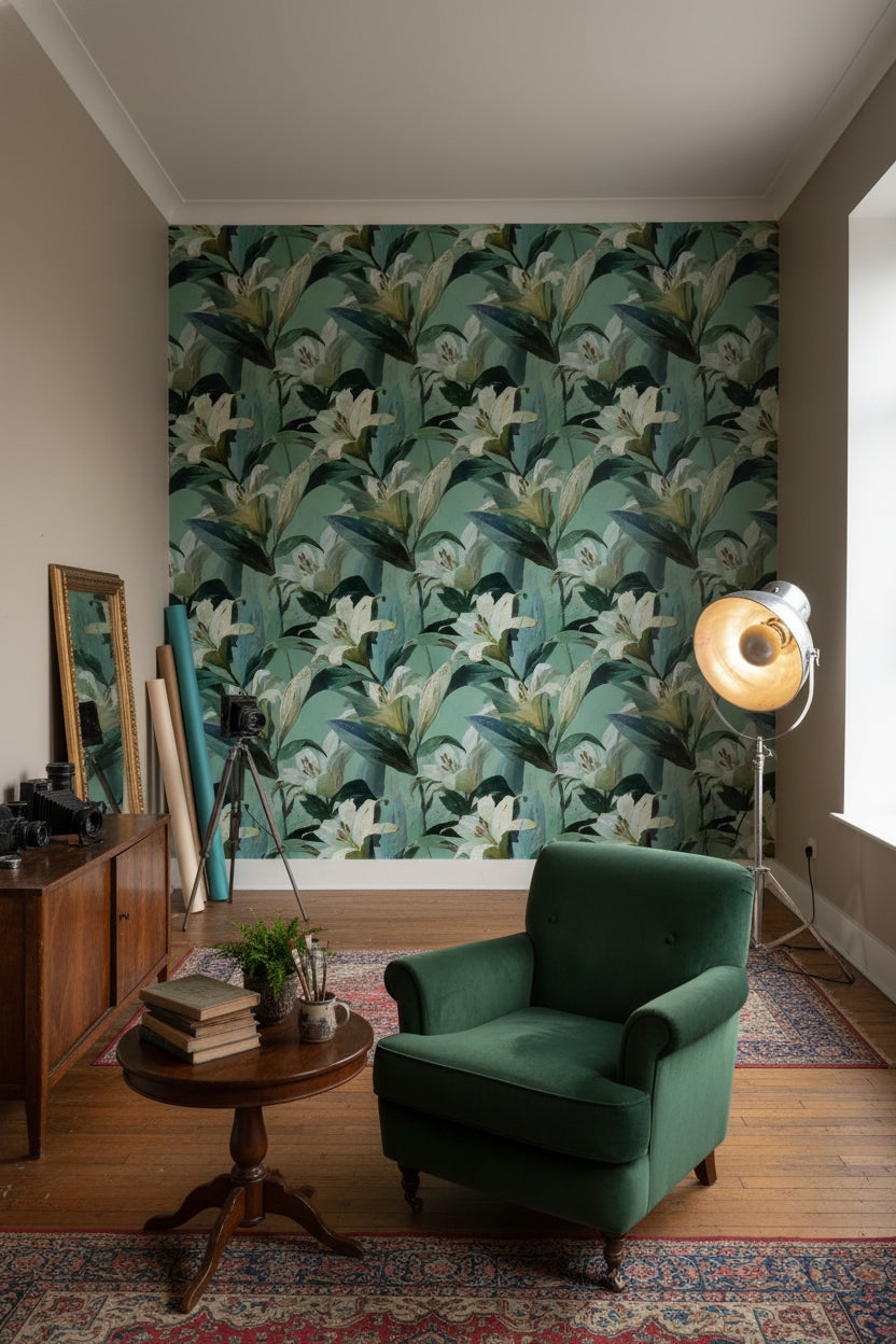 Muted Green Wallpaper Floral Natural Wall Decor