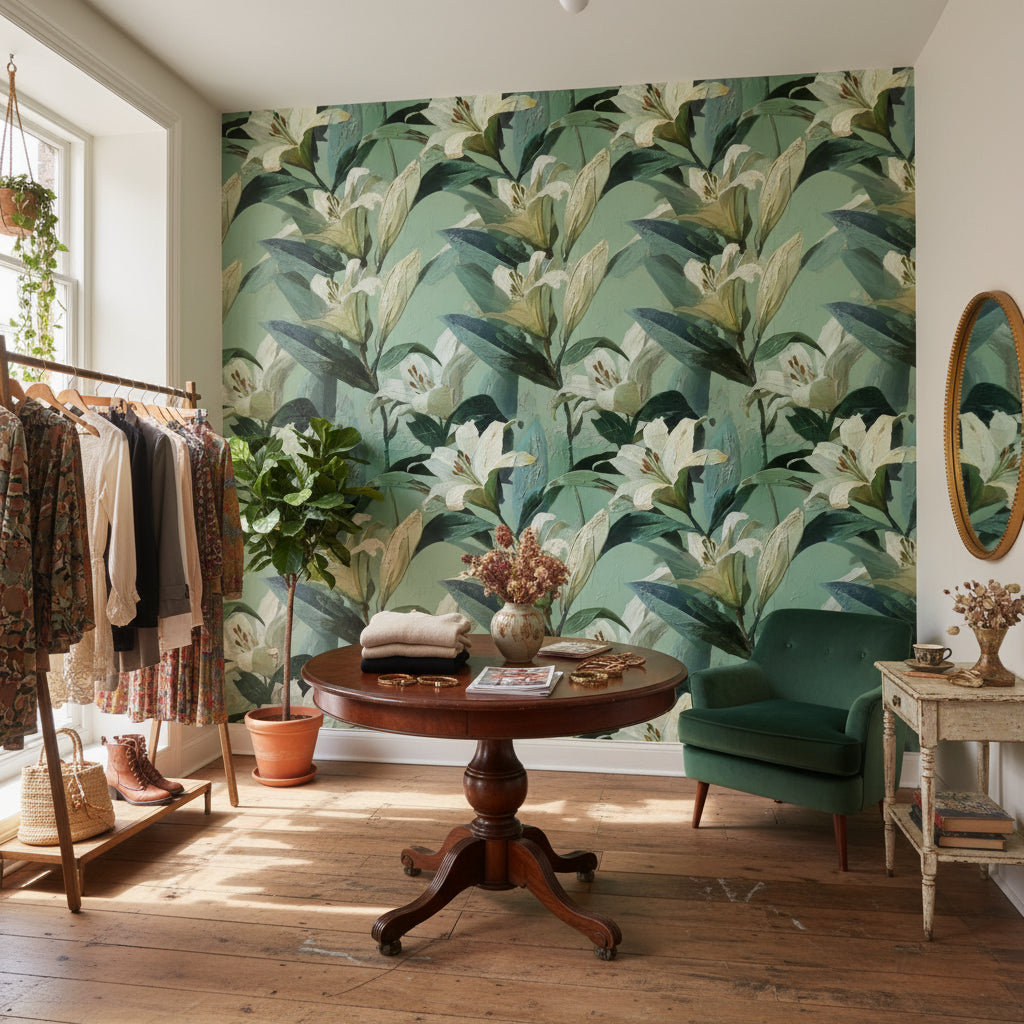 Muted Green Wallpaper Floral Natural Wall Decor