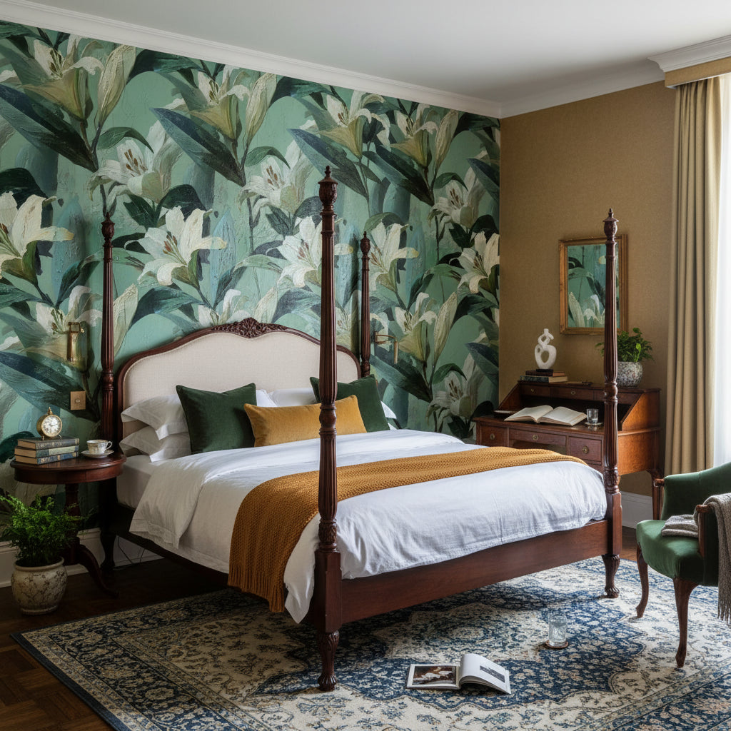 Muted Green Wallpaper Floral Natural Wall Decor