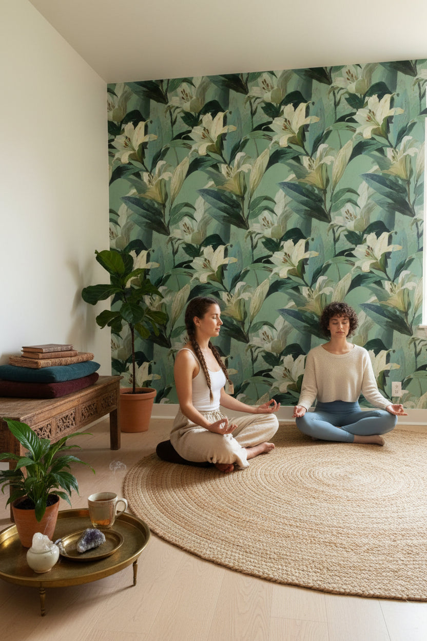 Muted Green Wallpaper Floral Natural Wall Decor