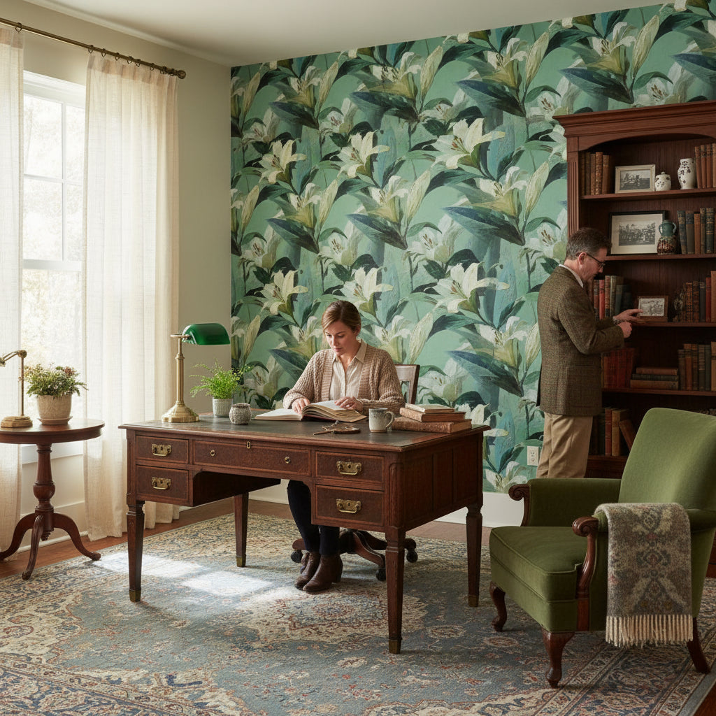 Muted Green Wallpaper Floral Natural Wall Decor