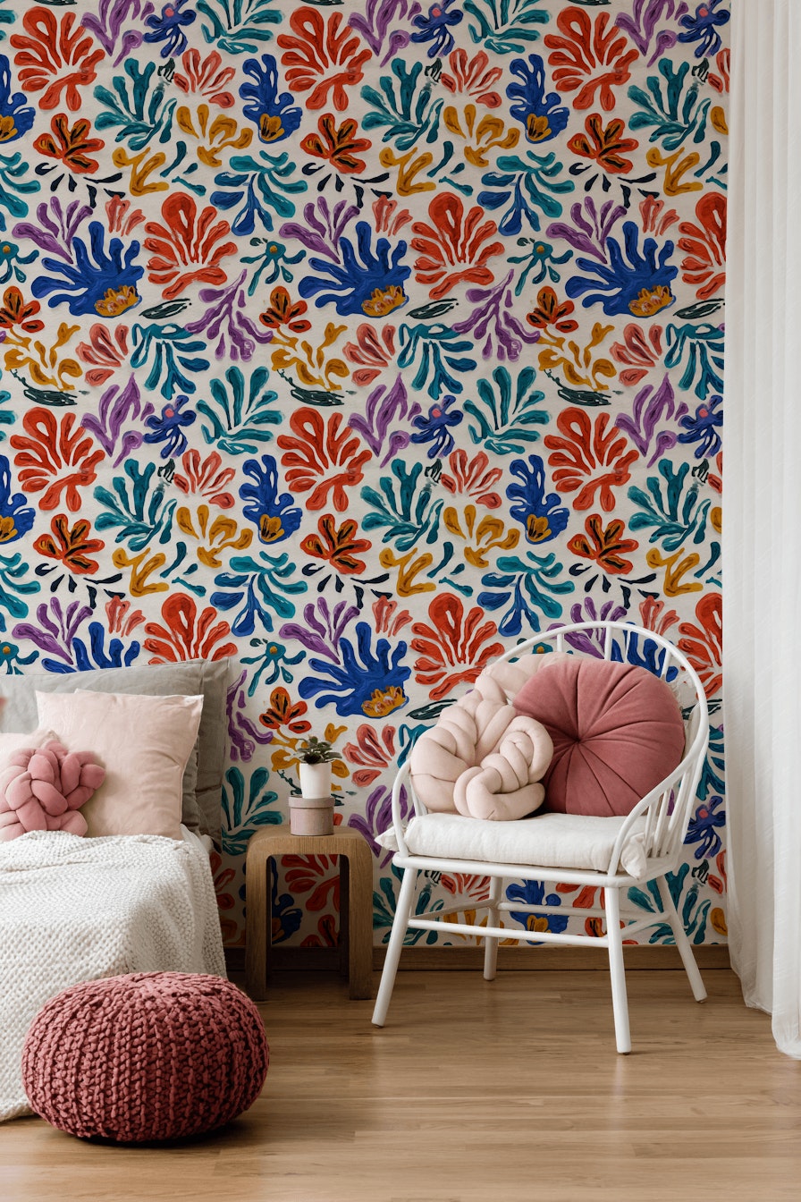 Vibrant Multicolor Tropical Floral Pattern Wallpaper