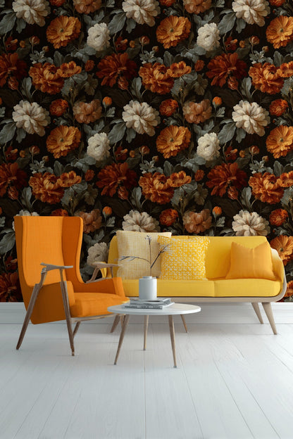 Dark Charcoal and Amber Large Floral Wallpaper