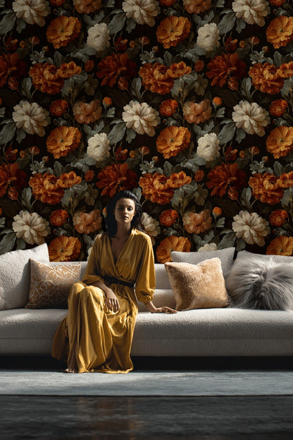 Dark Charcoal and Amber Large Floral Wallpaper