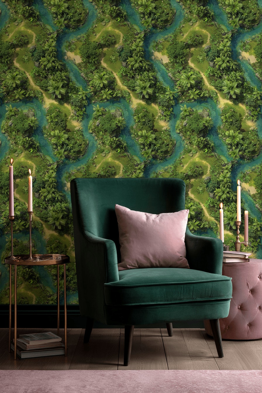 Vibrant Green Jungle River Landscape Wallpaper