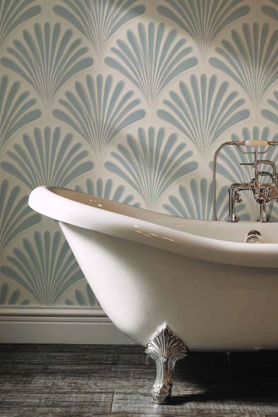 Beige and Blue Art Deco Geometric Wallpaper
