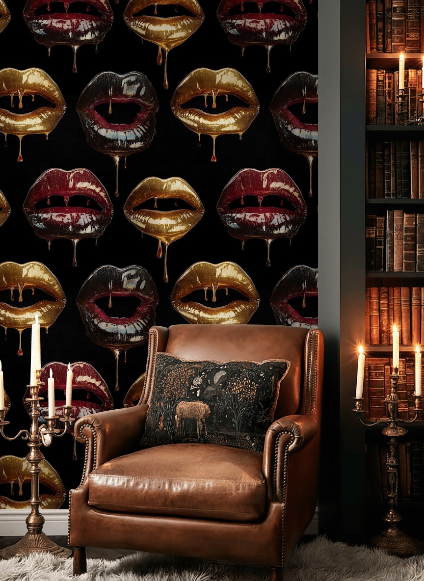 Lips Wallpaper Gold Dripping Mural Glossy Wall Decor