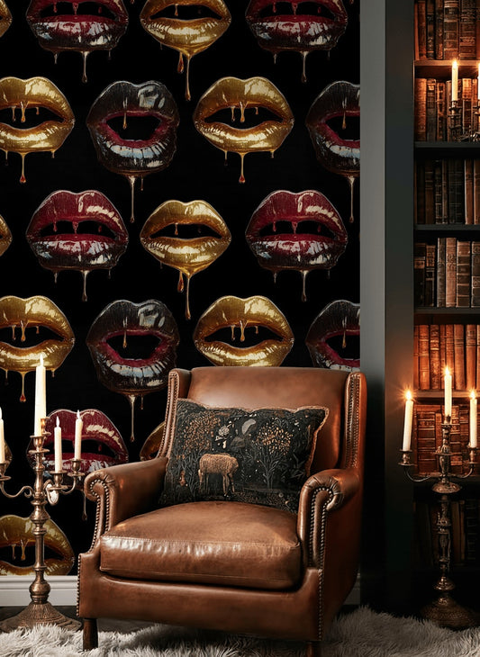 Lips Wallpaper Gold Dripping Mural Glossy Wall Decor
