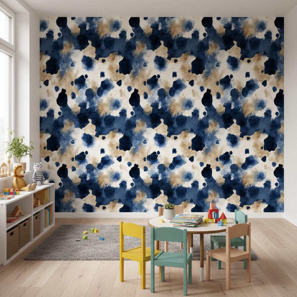 Navy and Gold Look Abstract Ink Splatter Wallpaper