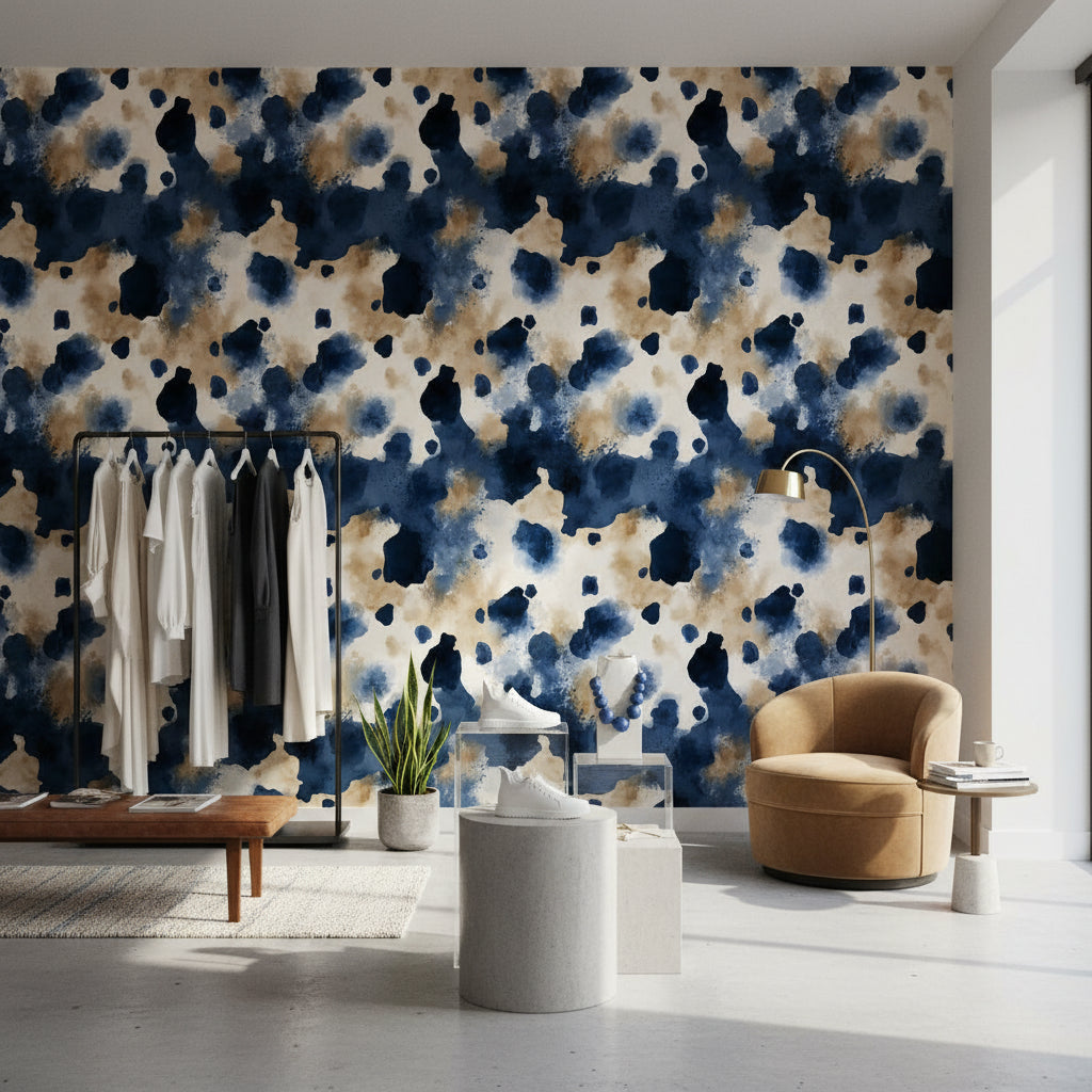 Navy and Gold Look Abstract Ink Splatter Wallpaper