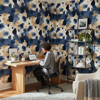 Navy and Gold Look Abstract Ink Splatter Wallpaper