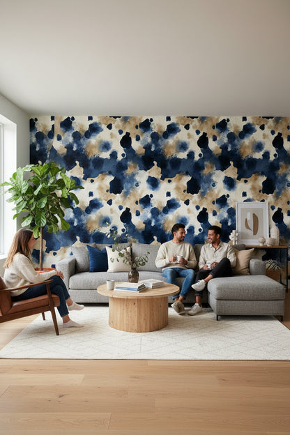 Navy and Gold Look Abstract Ink Splatter Wallpaper