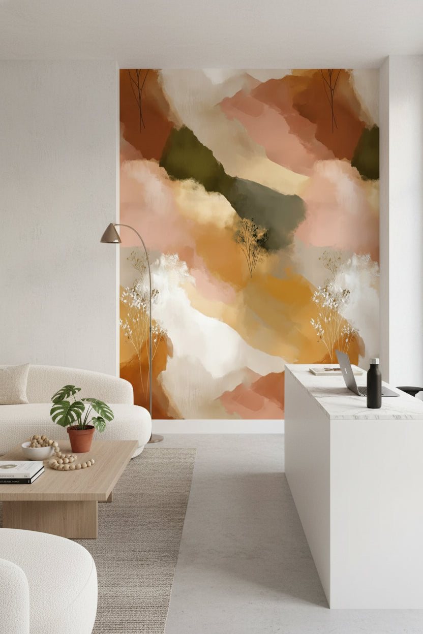 Cream and Olive Abstract Brushstroke Wallpaper