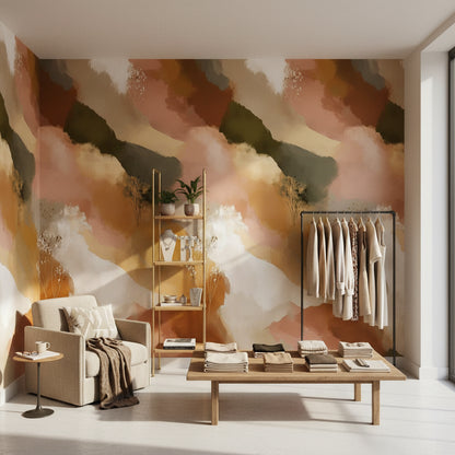 Cream and Olive Abstract Brushstroke Wallpaper