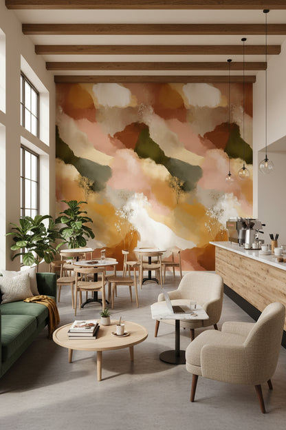 Cream and Olive Abstract Brushstroke Wallpaper