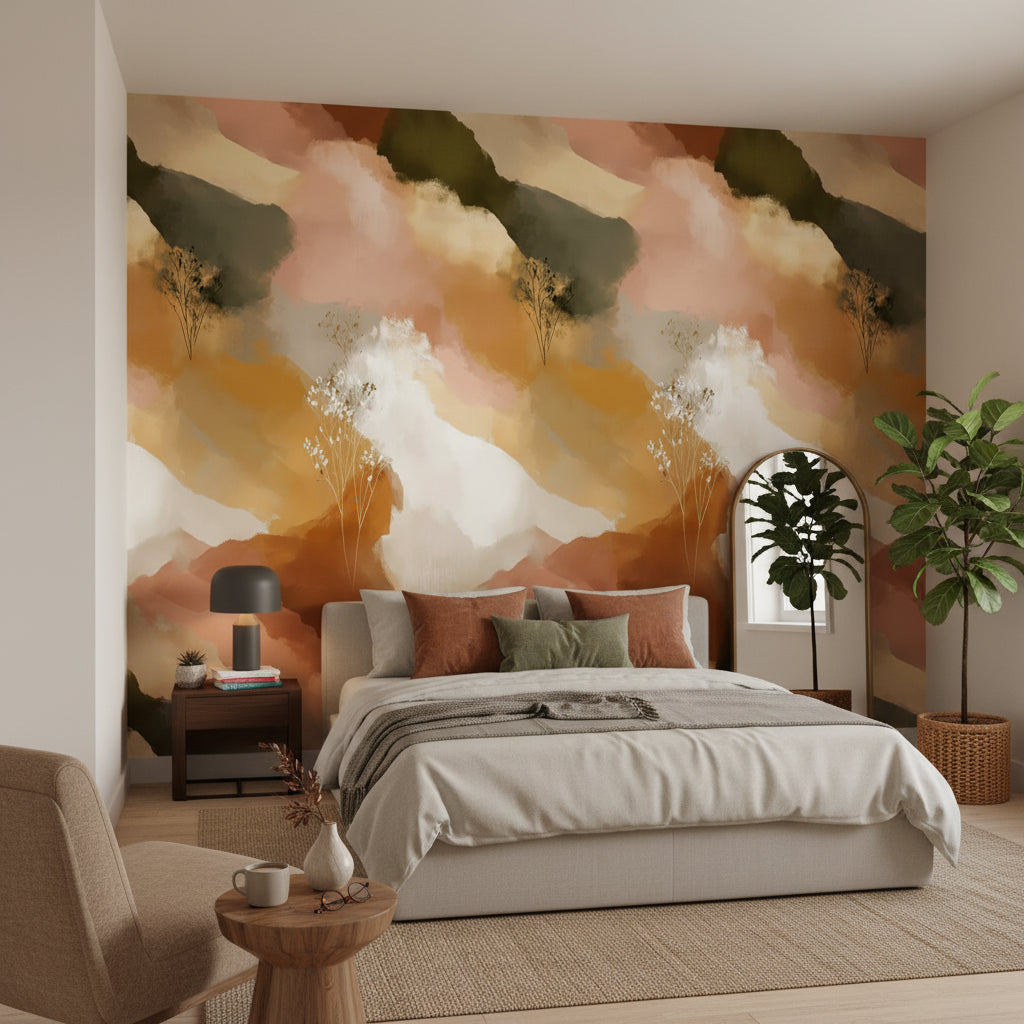 Cream and Olive Abstract Brushstroke Wallpaper