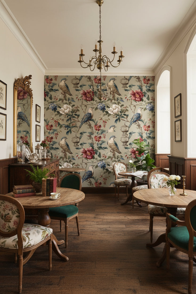 Vintage Beige Floral and Bird Pattern Wallpaper