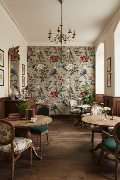 Vintage Beige Floral and Bird Pattern Wallpaper