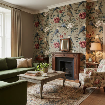Vintage Beige Floral and Bird Pattern Wallpaper