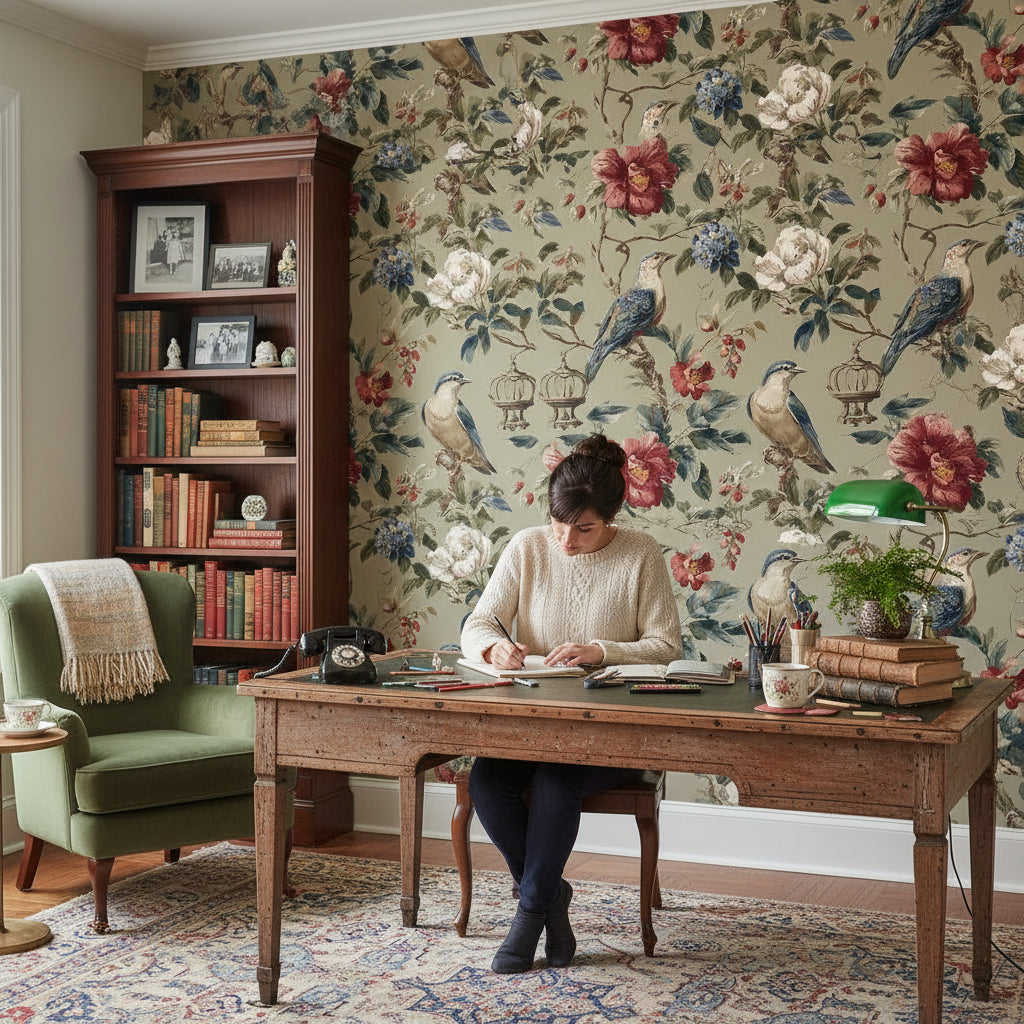 Vintage Beige Floral and Bird Pattern Wallpaper