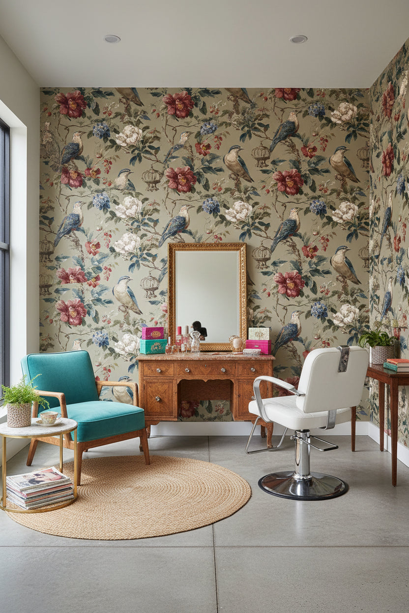 Vintage Beige Floral and Bird Pattern Wallpaper