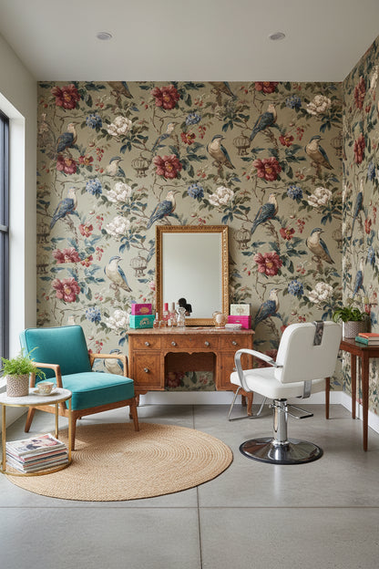 Vintage Beige Floral and Bird Pattern Wallpaper