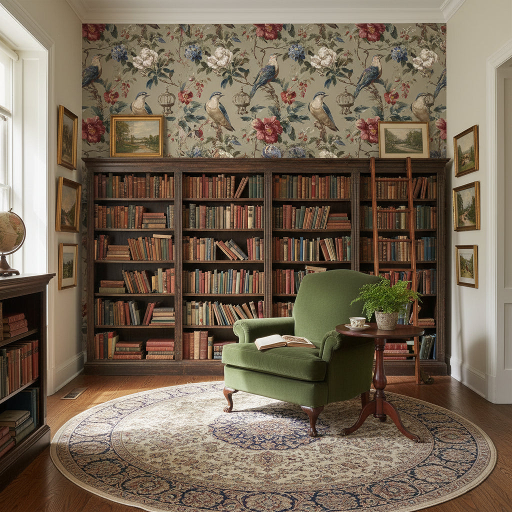 Vintage Beige Floral and Bird Pattern Wallpaper