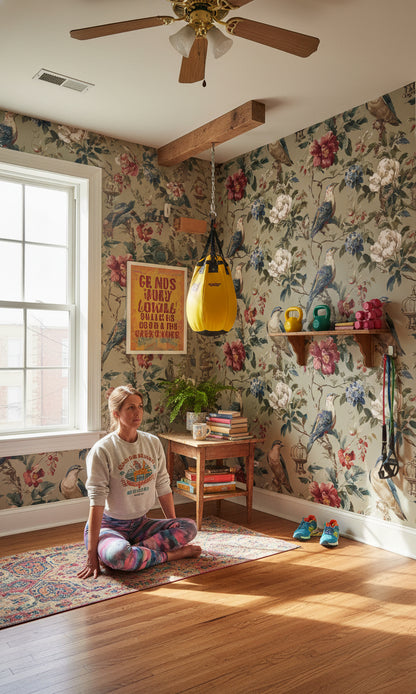 Vintage Beige Floral and Bird Pattern Wallpaper
