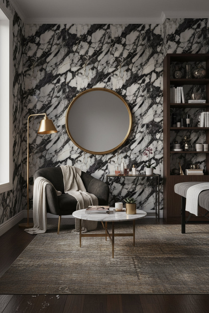 Black and Cream Abstract Marble Effect Wallpaper