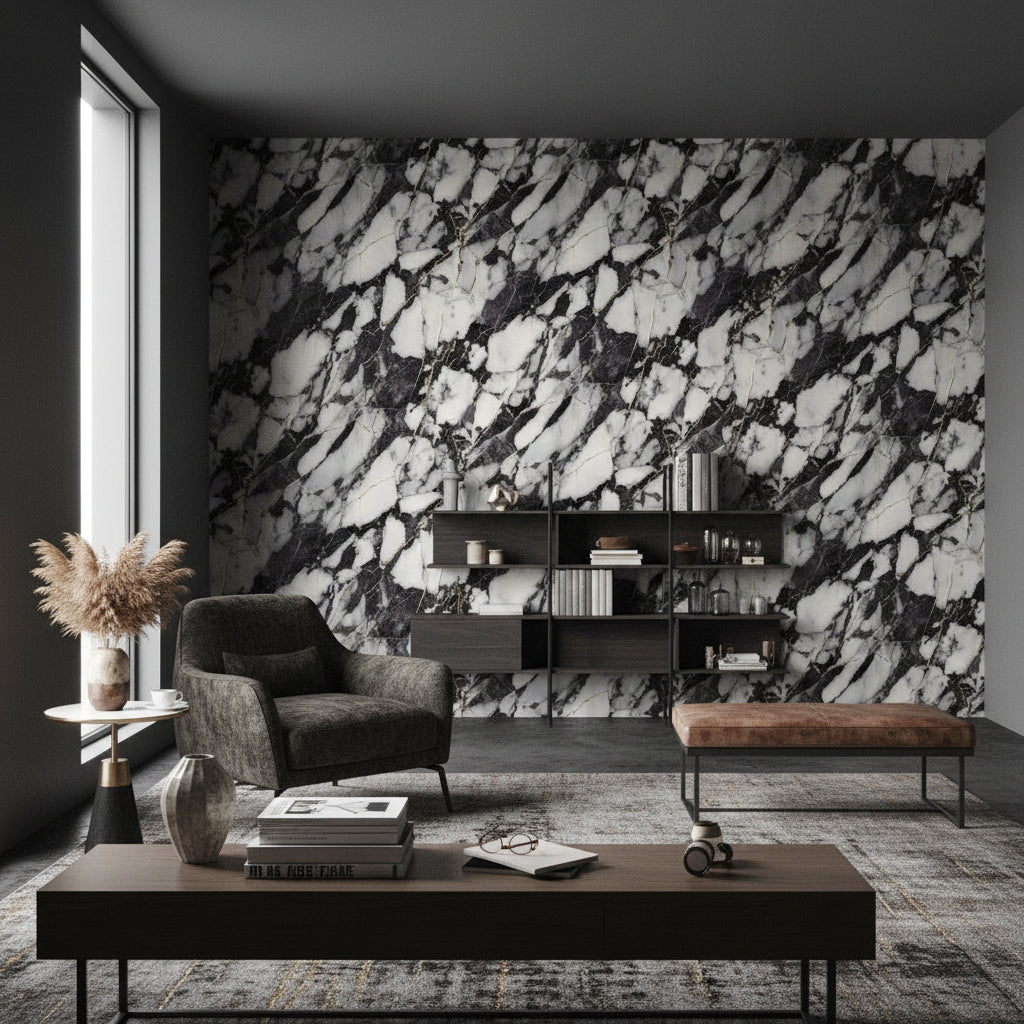 Black and Cream Abstract Marble Effect Wallpaper