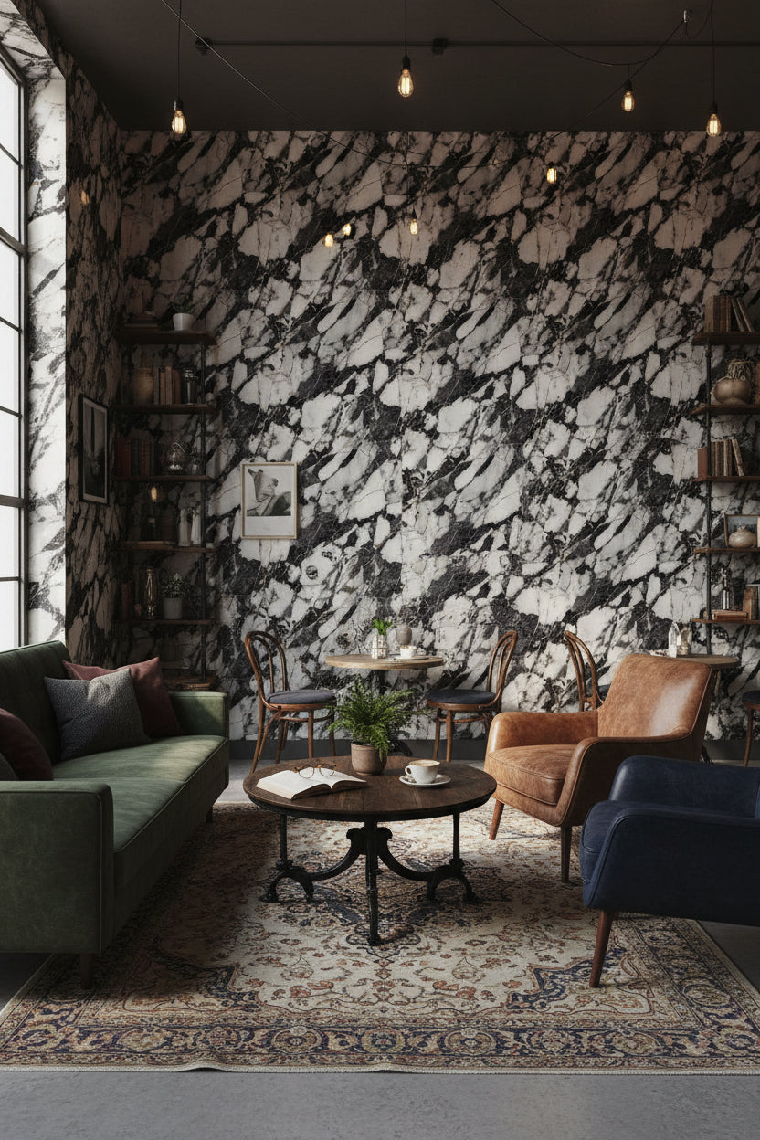 Black and Cream Abstract Marble Effect Wallpaper