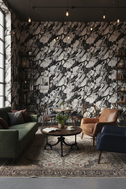 Black and Cream Abstract Marble Effect Wallpaper